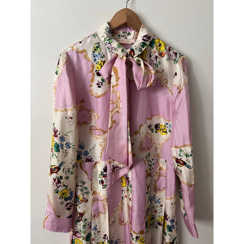 Tory Burch 10 Floral Print Tie Neck Silk Dress in Pink - Picture 5 of 11
